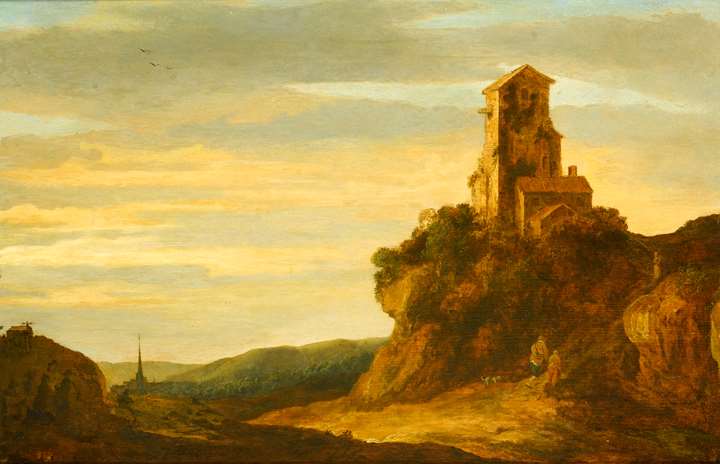 A Hilly Landscape with Wanderers at the Foot of a Castle Ruin